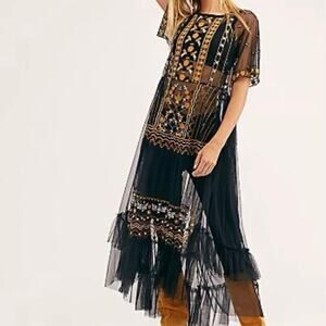 Free People Sabrina Maxi Dress Sheer Mesh Sequin Embroidered Boho Ruffle XS NWOT
